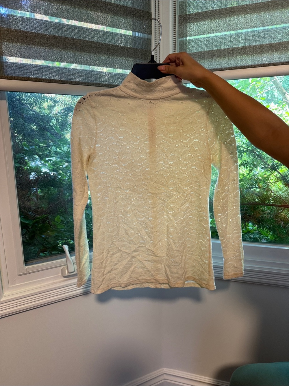 Women's Cream Lace-Texture Long Sleeve Mock Neck Top
